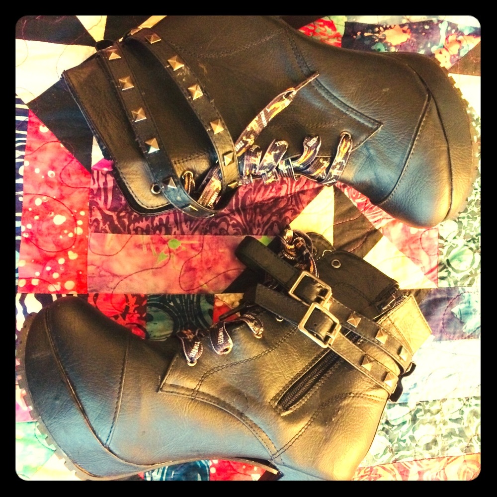 Womens Black Studded Ankle Boots with Buckle and Lace-Up